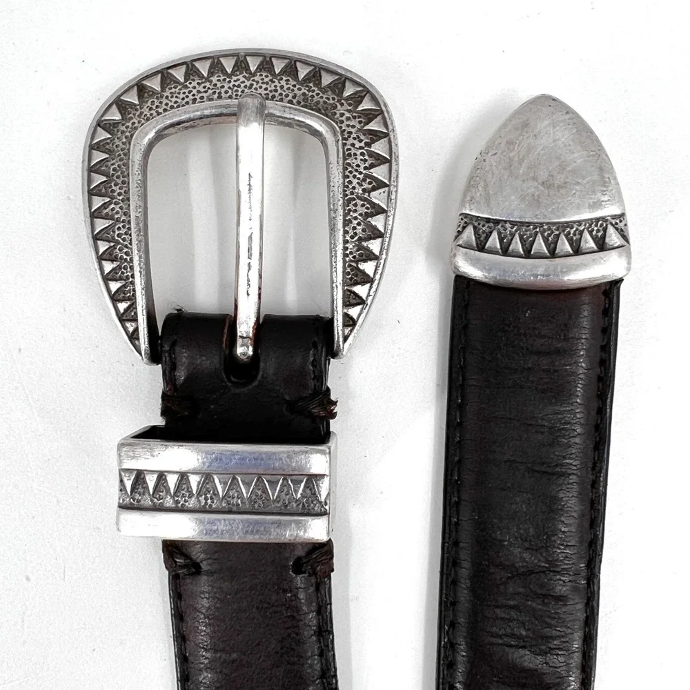 Vintage Mens Concho Belt 38 Italian Leather Western Stag Etched Pewter Brown